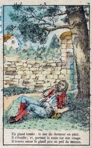 A bolota e a abóbora. Fábulas de Jean de La Fontaine (1621-95), imagens da Epinal do final do século XIX. de French School