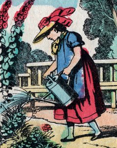 As actividades para raparigas de boas famílias: aprender jardinagem - Quadro epinal - século XIX (gravura) de French School