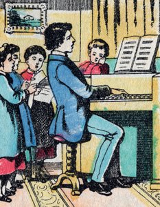 As actividades para raparigas de boas famílias: aprendizagem de música - Quadro epinal - Século XIX (gravura) de French School