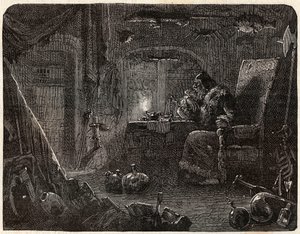 O alquimista, tendo prometido fazer ouro, trabalha no seu laboratório: o alquimista no século XVII - em "Paris a travers les cules" de Nicolas Jules Henri Gourdon de Kennouillac (1826-1898) de French School