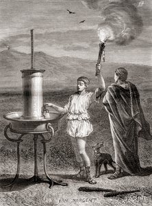 O antigo sistema semáforo hidráulico grego utilizado por Enéas para enviar uma mensagem, século IV a.C., de Les Merveilles de la Science, publicado c.1870 (gravura) de French School