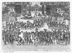 A chegada de Mehmed Celebi Efendi, embaixador do Sultão Ahmed III da Turquia, às Tuileries para ser recebido por Luís XV em 1721 (gravura) de French School