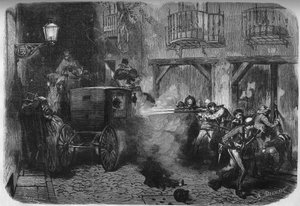 O assassinato de Juan Prim y Prats (1814-1870), general e político espanhol, na sua saída das Cortes, na rua del Turco, em Madrid, a 28 de Dezembro de 1870. Gravura no "Le Monde Illustré" n°724 de 25 de Fevereiro de 1871. de French School