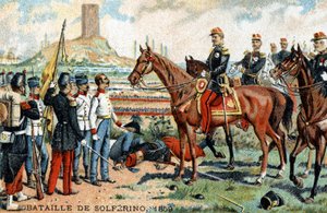 A batalha de Solferino (Itália) entre os exércitos franco-sardiniano (vencedores) e austríaco (derrotados) em 1859. A cromolitografia do século XIX. de French School