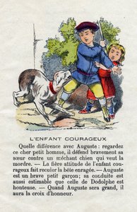 A criança corajosa. Uma criança defende a sua irmã contra um cão. O alfabeto dos meninos pequenos. O abecedário tem valor moral contendo exercícios de leitura. Imagens epinais do final do século XIX. de French School