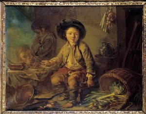 O pequeno-almoço da pequena Pintura Savoyard da Escola Francesa. Por volta de 1750-1780. Dim. 0,59x0,73 m. de French School
