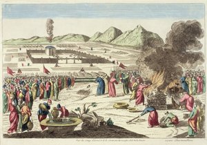O acampamento dos israelitas e o sacrifício da vaca vermelha (gravura a cores) de French School