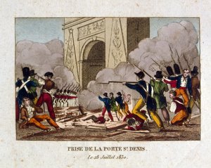 A tomada da Porta de Saint Denis, em Paris, durante a Revolução Francesa de 1830 de French School