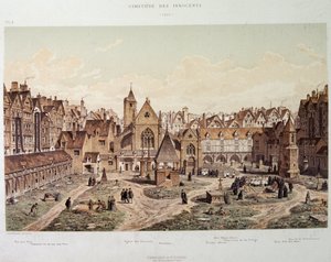 A igreja e o cemitério dos Inocentes em 1550 - em "Paris a travessa les idades", no final do século XIX. de French School