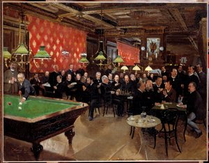 O círculo da união republicana: os membros da união republicana se reuniram no café para conversar, jogar bilhar na época da 3ª República. A pintura anónima de French School