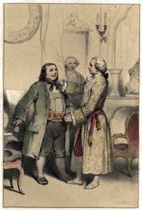 O compositor Joseph Haydn recebeu um homem que lhe veio pedir para compor uma ementa para o casamento da sua filha. Placa retirada de "Scenes de la vie des hommes famous", gravada em dois tons por Valerio. 1843. de French School