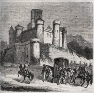 O cortejo de Rigonde (Rigonthe) (cerca de 569 - após 589) deixa Paris para ir ao seu noivo, o Príncipe Recarede. Gravura de 1871 em "Histoire Des Cocus Celebres" de Henry de Kock (1819-1892). de French School