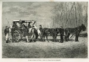 O percurso ou diligência sobre o cavalo das pradarias, desenho de A. Dupuis, para ilustrar a história de uma excursão ao Canadá e ao rio vermelho norte, em 1873, por H. de Lamotte. Gravura em Le tour du monde de French School