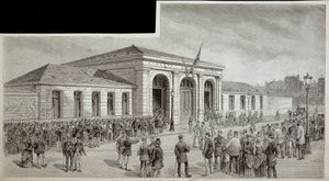 A multidão em frente à morgue de Paris em 1886. de French School