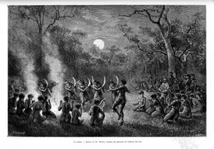 A dança do bumerangue ao redor do fogo entre o povo aborígine da Austrália - em "Tour du Monde". de French School