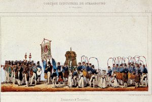 A dança dos cervejeiros e das cooperativas durante o cortejo industrial em Estrasburgo, em 25/06/1840. Litografia de Simon de French School