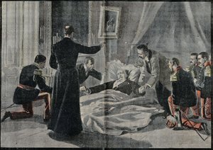 A morte de Felix Faure (1841-1899), presidente da França, Abbe Renault deu-lhe a absolvição. Gravura em "Le Pelerin" 26/02/1899. de French School