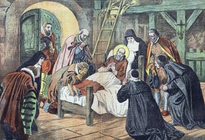 A morte de São Francisco de Sales, a 18 de dezembro de 1622, em Lyon, foi rodeada de fideles. "Le pelerin" de 31/12/1922 (gravura) de French School