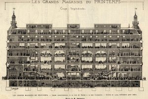 As lojas de departamento da Printemps em 1889, secção longitudinal, da Rue du Havre à Rue Caumartin, desenho de Berteault, colecção Bianchetti. de French School