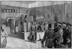 O depoimento da Múmia de Sesostris (Rhamses II) no Musee de Boulaq (Cairo, Egito) por Gaston Maspero na presença do khedive Tewfik. Gravura no "The Illustrous World" de 1886. de French School
