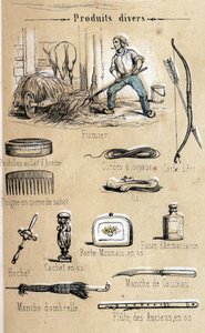 O burro e seus produtos gravados a partir de 1860 em "the instructive Recreations" Pintura sinóptica de Jules DELBRUCK. Coleção particular. de French School