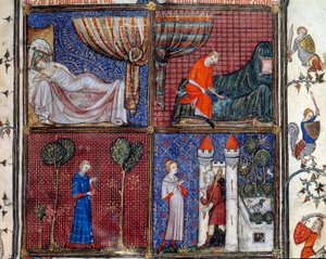 O sonho: O Amante Adormecido, a vestir-se, a coser a camisa e em frente da Casa do Prazer de Amour. Miniatura em "Roman de la rose" de Jean de Meun, Jean de Meung ou Jean Chopinel, Jean Clopinel (v.1240-1305), cerca de 1370. Chantilly, Musee Conde de French School