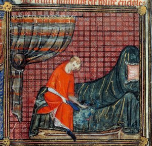 O sonho, detalhe: Os vestidos do Amante. Miniatura em "Roman de la rose" de Jean de Meun, Jean de Meung ou Jean Chopinel, Jean Clopinel (v.1240-1305), cerca de 1370. Chantilly, Musee Conde de French School