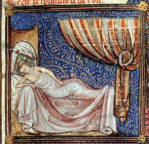 O sonho, pormenor: O amante adormecido. Miniatura em "Le Roman de la rose" de Jean de Meun, Jean de Meung ou Jean Chopinel, Jean Clopinel (v.1240-1305), cerca de 1370. Chantilly, Museu Conde de French School