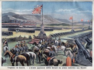 Fim do conflito russo japonês, o exército vitorioso do Japão senta-se em frente à aquisição de armas pela Rússia, no "Le Petit Parisien", no dia 24/06/1906 (gravura) de French School