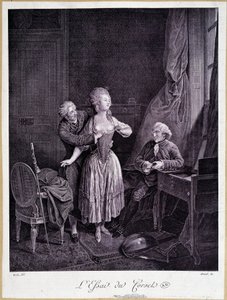 O ensaio do espartilho (dois homens e uma mulher com os seios desnudados) - 18ª gravura. de French School