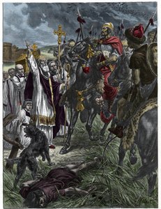O eveque Saint Loup de Troyes arretes Attila rei dos hunos antes de Troyes - Invasões Bárbaras - Gravura após a pintura de H. Grobert. de French School