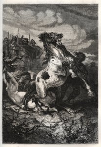 A execução de Brunhilda da Austrália por Chlothar II, 613 - A morte da rainha Brunhilda da Austrália, uma princesa visigótica, casada com o rei Sigebert I da Austrália - Mort de Brunehaut (ou Brunehilde) encomendada por Clotaire (Clothaire) II (613). gravu de French School
