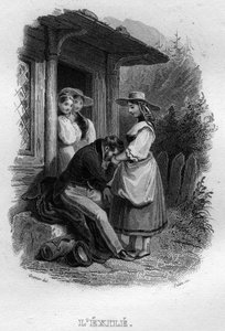 O exilado Chanson de Beranger em "Obras Completas" (1834) de Pierre Jean de Beranger (1780-1857), poeta e compositor francês. de French School