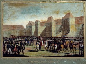 A despedida de Napoleão Bonaparte (1769-1821) tem a guarda imperiosa no pátio do Cheval Blanc, em Fontainebleau, em 20/04/1814. Pintura anónima. 1814 Ilha Aix, museu napoleônico de French School