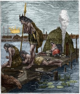 Os primeiros parisienses, ou habitantes de Lutece (Paris) (hutte on stilts) Gravura de "Paris através do século" de H. Gourdon de Genouillac (1874). de French School