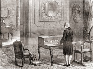 A primeira demonstração em 1774 do telégrafo elétrico, inventado por Georges-Louis Le Sage, de Les Merveilles de la Science, publicou c.1870 (gravura) de French School