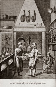 O primeiro dever de um Anfitrião (anfitrião) - gravura em "Almanaque de gourmets, servindo de guia em maneiras de fazer excelente querido. Por um velho amador" de Alexandre Balthazar Laurent Grimod de la Reyniere - 1804-1812 de French School
