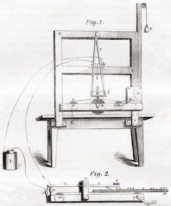 O primeiro telégrafo eléctrico inventado por Samuel Morse em 1837, de Les Merveilles de la Science, publicou c.1870 (gravura) de French School