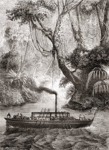 O primeiro teste bem-sucedido do barco a vapor Perseverança de John Fitch no Rio Delaware, América, 22 de agosto de French School