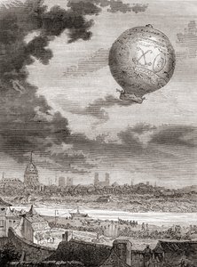 O primeiro vôo de balão desamarrado, por Jean-François Pilâtre de Rozier e o Marquês de Arlandes em 21 de Novembro de 1783, num balão Montgolfier, de Les Merveilles de la Science, publicado c.1870 (gravura) de French School
