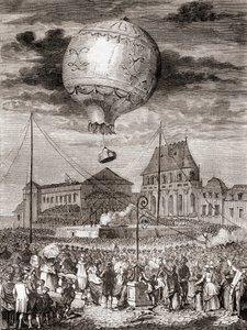 O voo do Aérostat Réveillon no dia 19 de Setembro de 1783 pelos irmãos Montgolfier em Versalhes, França, perante o Rei Luís XVI de França e a Rainha Maria Antonieta, de Les Merveilles de la Science, publicado c.1870 (gravura) de French School