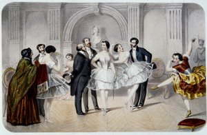O foyer da Ópera (Opera Garnier em Paris). Um dançarino tutu conversando com cavalheiros que vieram cumprimentá-los ou dar alguns passos para dançar. Gravação de French School