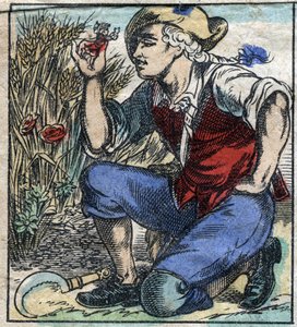 O lavrador gigante da Brobdingnag apreendeu o Lemuel Gulliver. Ilustração para "Gulliver