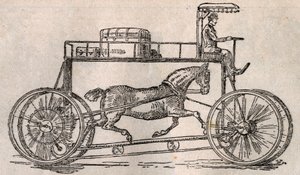 O hipociclo: invenção para a "conservação dos cavalos" como meio de transporte após a chegada dos carros e bicicletas. Gravura em "Le Pelerin" de 9 de agosto de French School