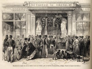 O talho do cavalo na barriere de Fontainebleau (Paris) abriu em 1866 - talho chevaline - Boucherie Meat de Cheval Boulevard Italie pres de la barriere de Fontainebleau 1866) Gravura em "Le monde illustrious" de 1866 de French School