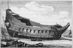 O casco de um grande navio no século XVII. Gravura em “La Marine et les colônias: comércio” de French School