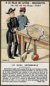 O duelo impossível: cartão infantil a explicar um jogo para se construir. A cromolitografia do século XIX. de French School