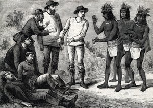 Os habitantes do Peru ajudando os europeus coloniais que sofrem de malária com Cinchona (gravura) 1888 de French School