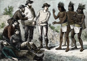 Os habitantes do Peru ajudando os jesuítas que sofrem de malária com Cinchona de French School