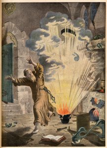 A invenção da pólvora pelo monge e alquimista alemão Berthold Schwartz (ca. 1318-1384) - Invenções ilustres. A pólvora. Ilustração para Le petit Journal, 27 de Janeiro de 1901. de French School